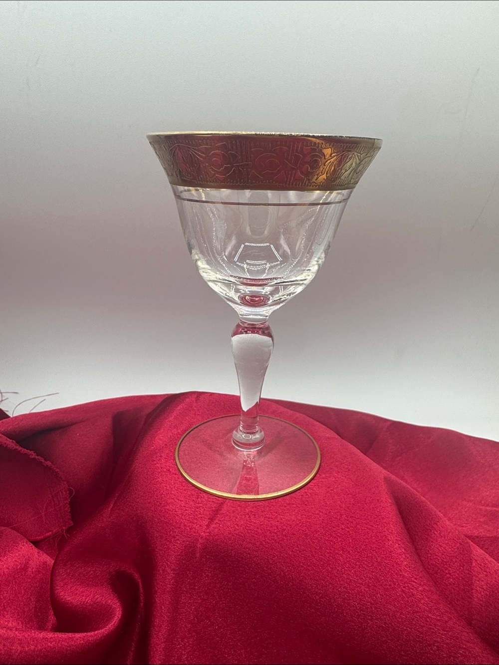 A vintage Tiffin-Franciscan "Rambler Rose" pattern crystal 5” Wine Goblet